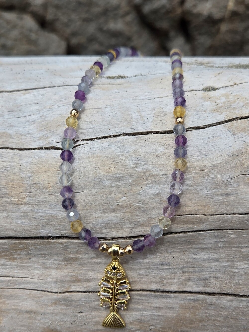 Natural Fluorite with Fish Bone Necklace-Handcraft /Boho Style